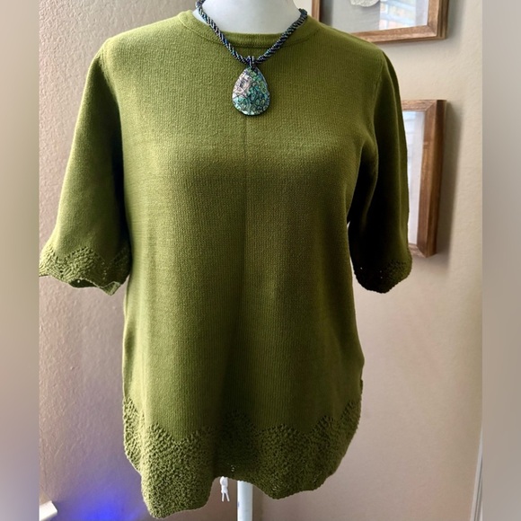 ANN TAYLOR Factory 100% Cotton Short Sleeve Sweater Multi Season Green Size Med - Picture 1 of 8